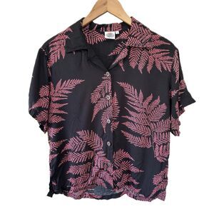 Makai Beach Hawaii Women's Hawaiian Tropical Leaves Collar Button Down Shirt L